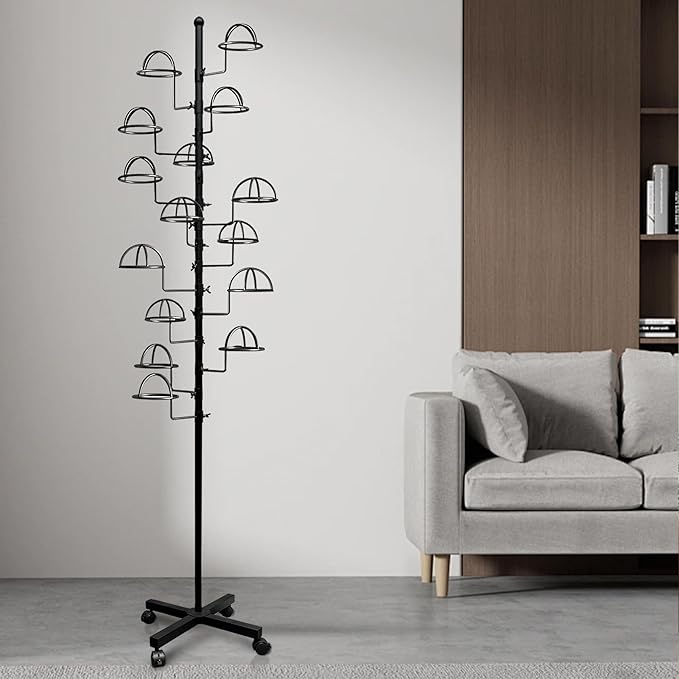 Montex Freestanding Hat Rack Stand, Metal Hat Organizer Rack with 15 Customisable Circular Hooks, Hats Tree Stand Floor Standing Hat Display, Black