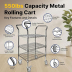 Northsky 3-Shelf Wire Utility Cart on Wheels, Chrome Finish Rolling Metal Shelving with Wheels, 550lb Capacity, 24" x 18" x 44.1", 3 Tier Rolling Cart for Kitchen Bar Storage Use