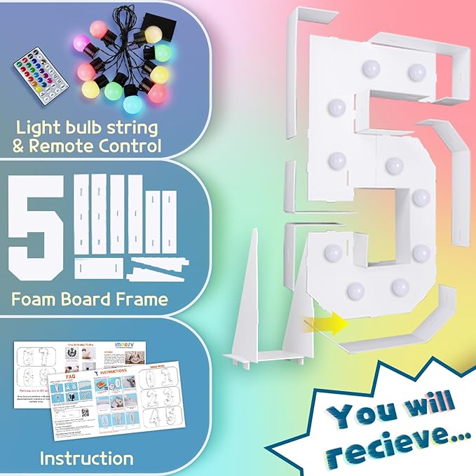 imprsv 4FT Colorful Marquee Numbers,18 Colors with Remote, Light Up Numbers 5 for 15th 50th Birthday Decorations Anniversary Party Decor, Pre-Cut Foam Board Kit, Mosaic Sign for Balloon