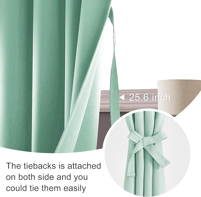 JIUZHEN Blackout Curtains for Bedroom– Thermal Insulated,Noise Reducing Room Darkening Privacy Drapes for Living Room, Set of 2 Panels with Tiebacks, 42 x 72 inch Long, Mint Green