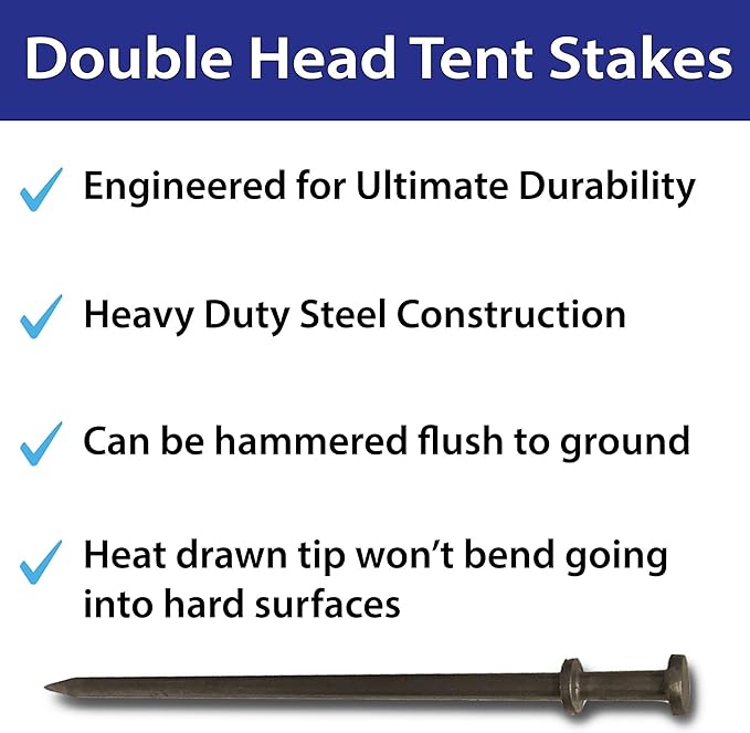 Double Head Tent Stakes - Heavy Duty Steel Tent Stakes, Versatile Ground Spikes to Anchor Commercial Inflatables, Party Tents, and Outdoor Camping Shelters, 3/4 x 36 Inch, 50-Pack