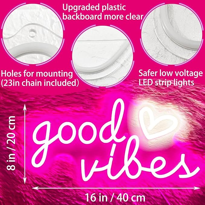 Good Vibes Neon Sign for Wall Decor Neon Lights Sign, 16"x8" Heart and Good Vibes LED Signs for Bedroom Wall, USB Operated Pink Goodvibes LED Neon Lights Signs for Game Room Christmas Decor