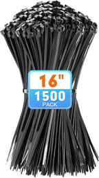 Zip Ties, KAMOTA 1500pcs 16 Inch Heavy Duty Self-Locking Nylon Zip Ties, Black Cable Ties with 50lb Tensile Strength, UV Resistant Cable Tie for Indoor and Outdoor Use