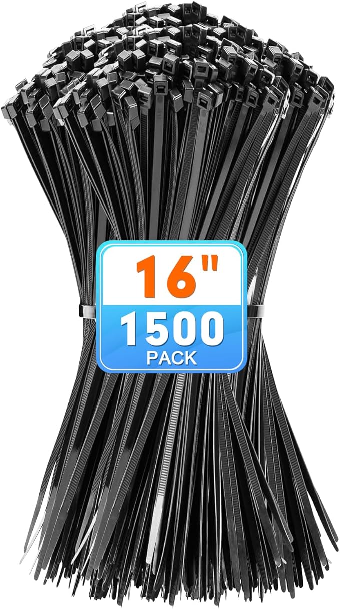 Zip Ties, KAMOTA 1500pcs 16 Inch Heavy Duty Self-Locking Nylon Zip Ties, Black Cable Ties with 50lb Tensile Strength, UV Resistant Cable Tie for Indoor and Outdoor Use