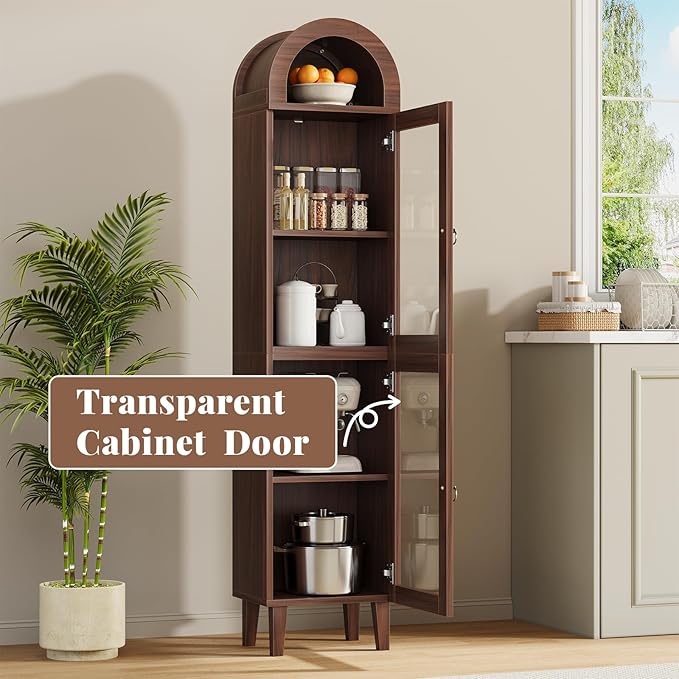 71” Tall Arched Pantry Cabinet with Glass Door, Display Cabinet Organizer, Versatile Pantry with Top-Opening Storage Container for Living, Kitchen Dining Room, Brown