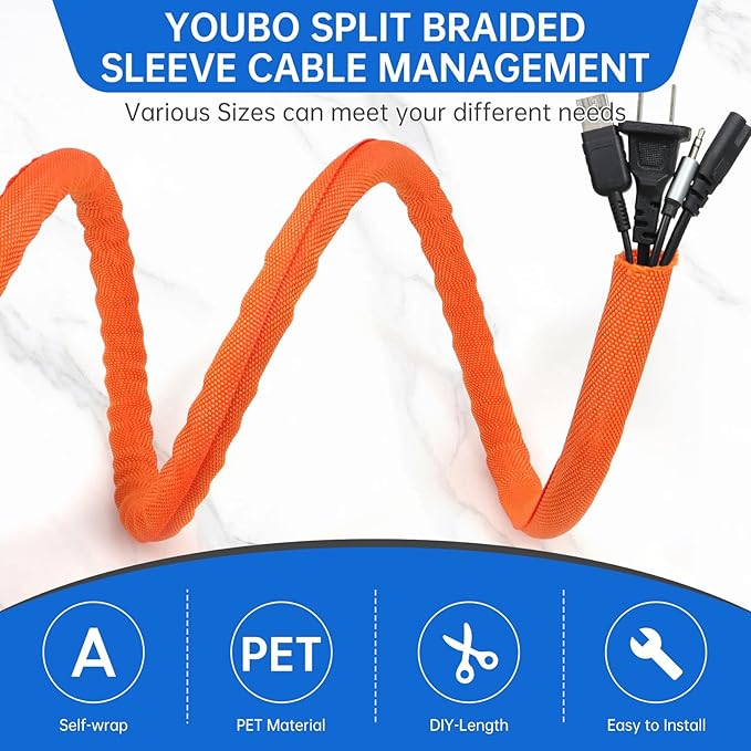 Split Braided Cable Sleeve，Flexible Wire Loom Tubing, Automotive Cord Protector Pet Proof, Cable Management for Computer TV Electric Wires Harness 16ft (Orange, 10mm（3/8")
