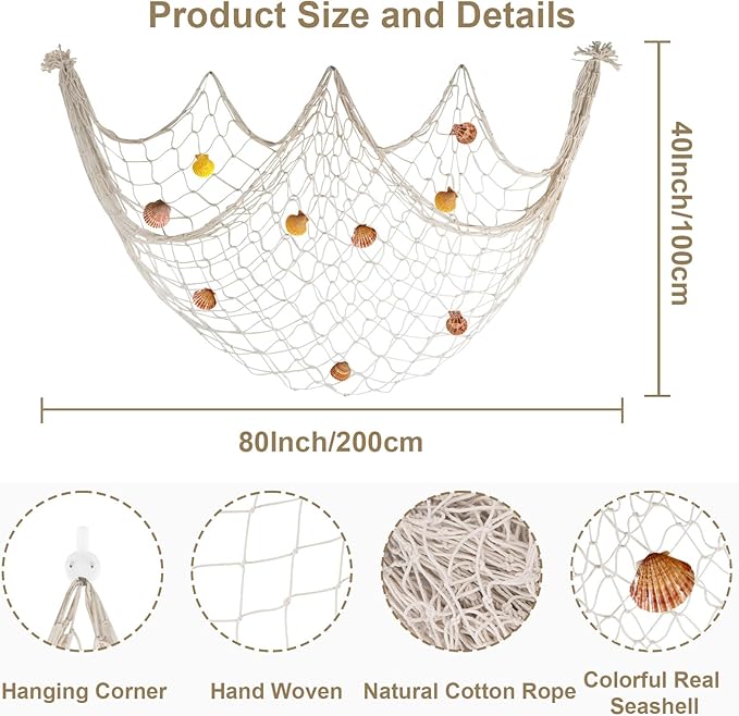 80x40 Inch Decorative Fishing Net w/Shells & Clips, 3mm Beige Natural Cotton Large Photo Hanging Fishnet, Wall Halloween Party Decorations for Nautical Pirate Hawaii Underwater Mermaid Themed Party