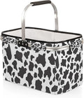 Collapsible Picnic Basket with Handle, Shopping Basket Aluminum Frame, Grocery Basket Tote for Women, Farmers Market Basket, Harvest Baskets Camping Travel Portable Beach Bag (Cow Printing Pattern)