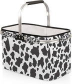 Collapsible Picnic Basket with Handle, Shopping Basket Aluminum Frame, Grocery Basket Tote for Women, Farmers Market Basket, Harvest Baskets Camping Travel Portable Beach Bag (Cow Printing Pattern)