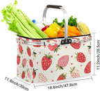 Collapsible Picnic Basket with Handle, Shopping Basket Aluminum Frame, Grocery Basket Tote for Women, Farmers Market Basket, Harvest Baskets Camping Travel Portable Beach Bag (White Strawberries)