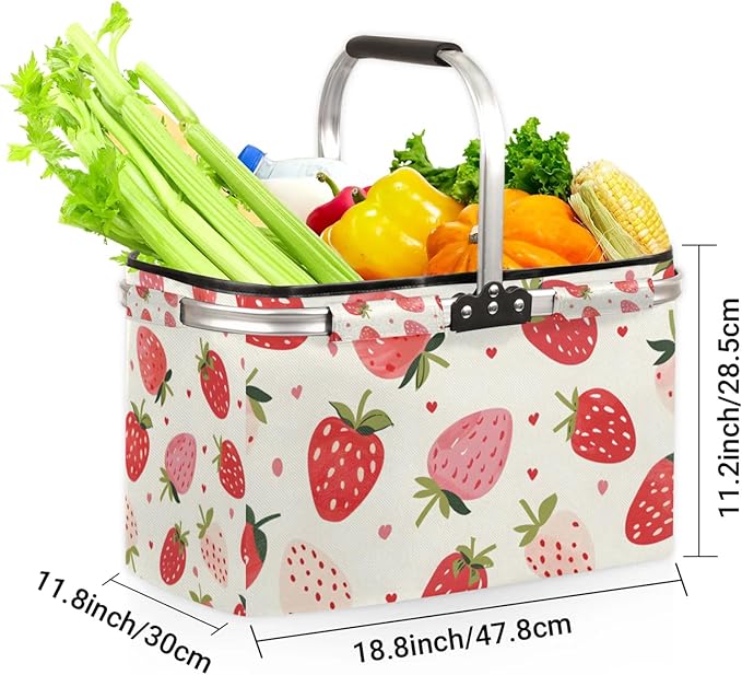 Collapsible Picnic Basket with Handle, Shopping Basket Aluminum Frame, Grocery Basket Tote for Women, Farmers Market Basket, Harvest Baskets Camping Travel Portable Beach Bag (White Strawberries)