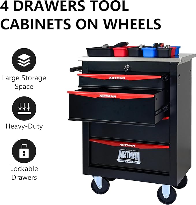 4-Drawer Heavy-Duty Rolling Steel Tool Cart with Handle&Wheels, Metal Storage Organizer Cabinet, Tool Chest for Efficient Tool Storage in Garage, Warehouse, Workshop, Repair Shop, Black&RED