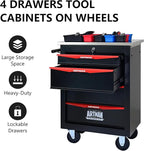 4-Drawer Heavy-Duty Rolling Steel Tool Cart with Handle&Wheels, Metal Storage Organizer Cabinet, Tool Chest for Efficient Tool Storage in Garage, Warehouse, Workshop, Repair Shop, Black&RED