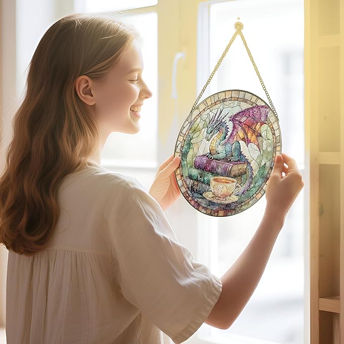 Dragon Stained Glass Window Hanging, 8 Inch Sun Catchers Indoor Window, Suncatchers for Windows Hanging, Home Decor and Christmas, Festival, Birthday, Gifts for Readers, Book Lovers, Women, Men