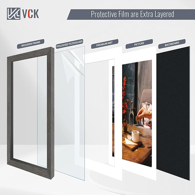 VCK 18x24 Poster Frame 5 Pack - Grey, High-End Wood Picture Frames with Polished Plexiglass, Display 16x20 Photo with Mat or 18x24 without Mat, Art Gallery-Quality, Wall Hanging, Grey