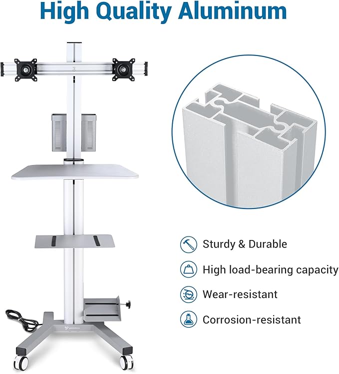 Yescom Mobile Computer Cart Rolling PC Stand Desk Workstation Dual Monitor Mount with Wheels Adjustable Keyboard Tray CPU Printer Holder for Hospital Clinic School Office Silver