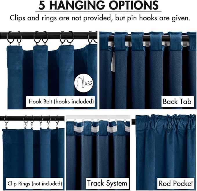 MIULEE Velvet Curtains 108 Inch Length 2 Panels Set for Bedroom, Pinch Pleat Back Tab Luxury Thermal Insulated Living Room Darkening Pleated Blackout Extra Long Window Curtain with Hooks, Navy Blue