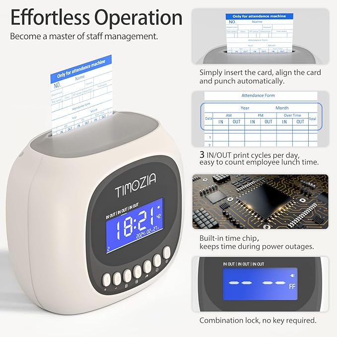 Time Clocks for Employees Small Business, Auto-Align Time Clock, 6 Punches per Day Time Machine, Clock in Machine for Employees with 50 Time Cards and 1 Ink Ribbon