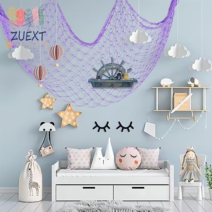 ZUEXT Purple Fishing Net Decorative 80x40 Inch, 2 Pack Large Picture Fish Net, Wall Photo Hanging Fishnet for Nautical Mermaid Pirate Ocean Themed Hawaii Beach Under The Sea Party Decoration