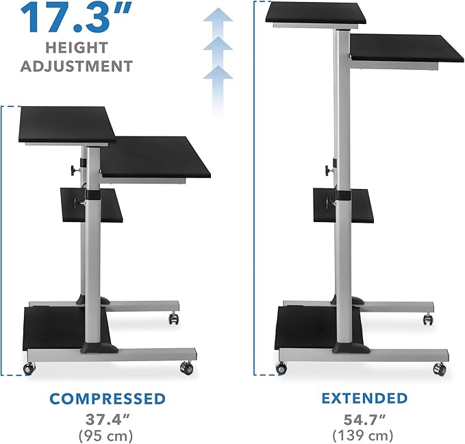 Mount-It! Rolling Desk Adjustable Height up to 54.7", Portable Standing Desk for Laptop or Podium Stand with Wheels, Mobile Roller Presentation Cart, Computer Work Station 27.5" Wide, Locking Wheels