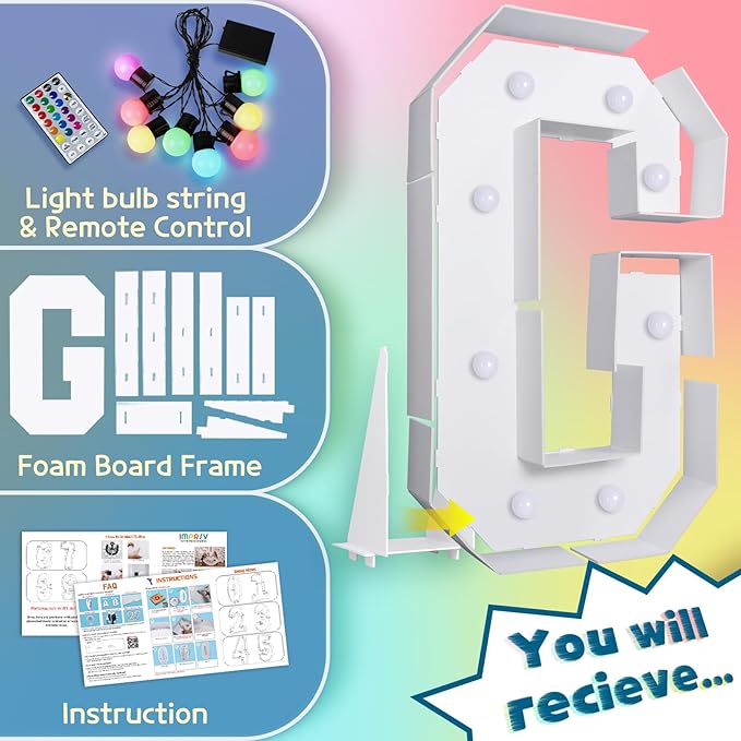 imprsv 3FT Colorful Marquee Letters G, 18 Colors Large Light up Letters Alphabet Sign with Remote, Big Marry Me Sign, Birthday Party Decorations Anniversary Wedding Decoration