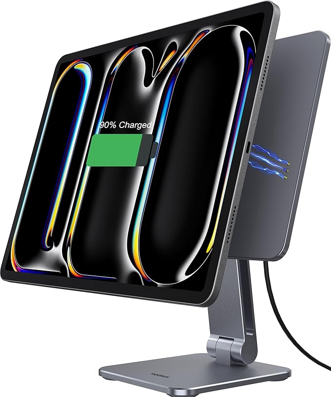 Magnetic iPad Stand with Wireless Charging, 35W Contact Fast Charger, Suction Cup Base, 360° Rotating Panel & Foldable, Compatible with iPad Pro 13" M5 & M4 ONLY, Work & Study Desk - Gray