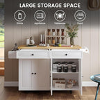 COCO DESIGN 60" Rolling Kitchen Cart with Power Strip & Drop Leaf, Thick Countertop, Large Storage Cabinet & Drawers, Mobile Island with Locking Wheels, Towel Rack and Spice Rack for Kitchen, White
