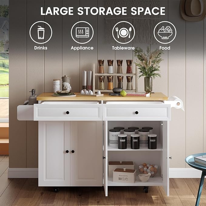 COCO DESIGN 60" Rolling Kitchen Cart with Power Strip & Drop Leaf, Thick Countertop, Large Storage Cabinet & Drawers, Mobile Island with Locking Wheels, Towel Rack and Spice Rack for Kitchen, White