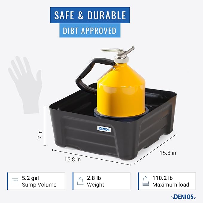 Denios Spill Containment Tray- 5.2 Gallon Spill Tray Capacity -Without Grate- 15.8""X15.8""X7.1 in (Extra Small), Black