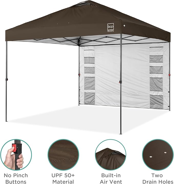 Best Choice Products 10x10ft Easy Pop Up Canopy w/Side Wall, 10 Pockets, Portable Carrying Case, 1-Button Setup, 4 Weight Bags - Brown