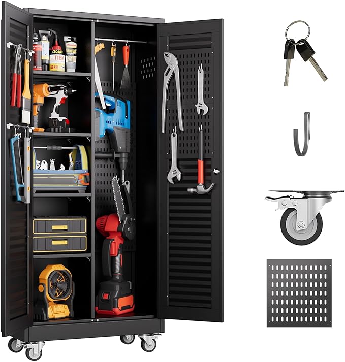 Garage Storage Cabinet with Wheels and 4 Shelves, Metal Broom Closet Storage Cabinet with Hanging Rod, Pegboard and 13 Hooks for Garage Home, Black, Assembly Required