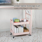 Pink 2 Tier Rolling Cart Metal with Wheels Under Desk Storage Cart for Small Space Organization, Small Trolley for Pantry Room Laundry Bathroom Kitchen Office Art Snack Baby Supplies