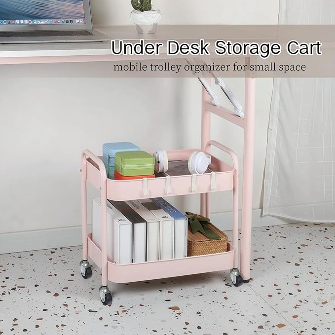 Pink 2 Tier Rolling Cart Metal with Wheels Under Desk Storage Cart for Small Space Organization, Small Trolley for Pantry Room Laundry Bathroom Kitchen Office Art Snack Baby Supplies