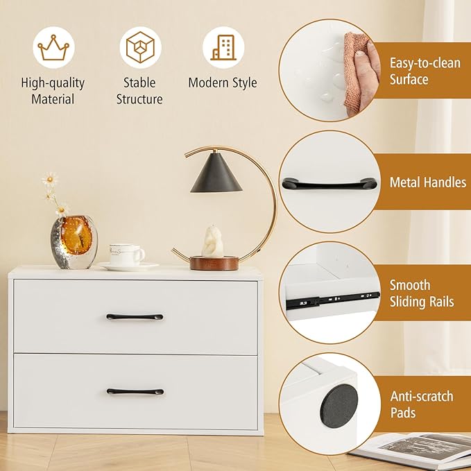 POWERSTONE 2 Drawers Storage Cabinets, Wooden Dresser Organizer, Under Desk Storage for Living Room, Bedroom, Home Office, White