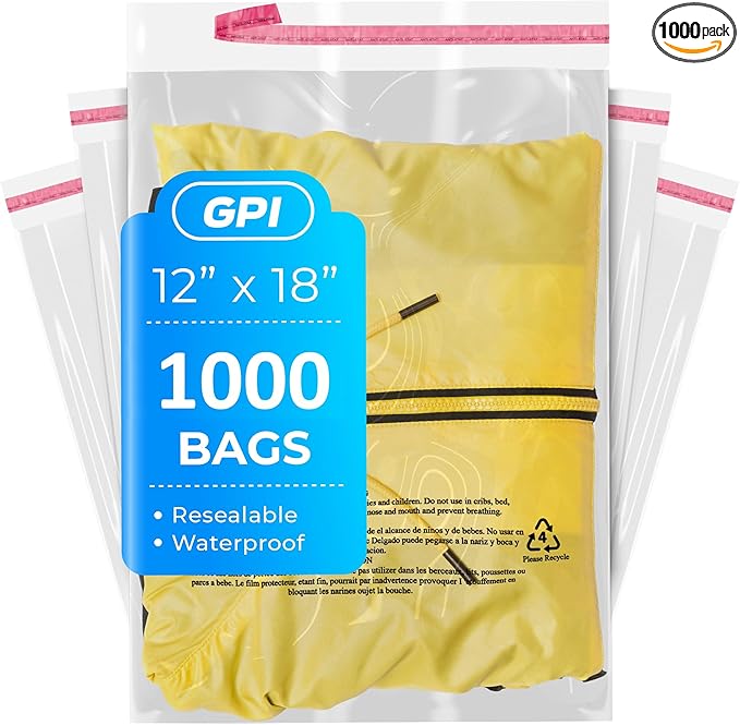 12" x 18" Self Seal Resealable Poly Bags - Case of 1000, Peel & Seal Reclosable Polybags with suffoaction Warning and Adhesive Strip for Packaging & Shipping Clothes, Shirts & More - GPI