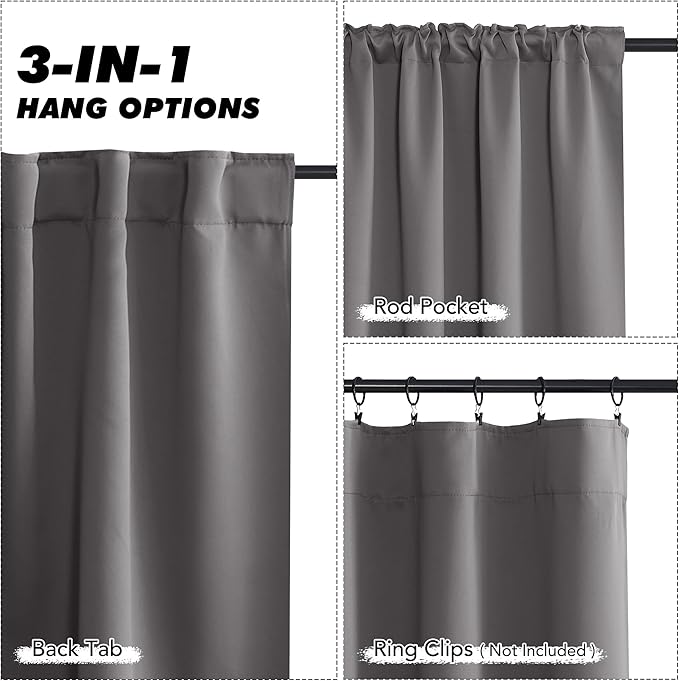 KGORGE Small Window Curtains 45 inch, Blackout Privacy Thermal Insulation Noise Reducing Grommet Curtain Drapes for Basement Kids Room Nursery Kitchen, W34 x L45 inches, Grey, 2 Panels