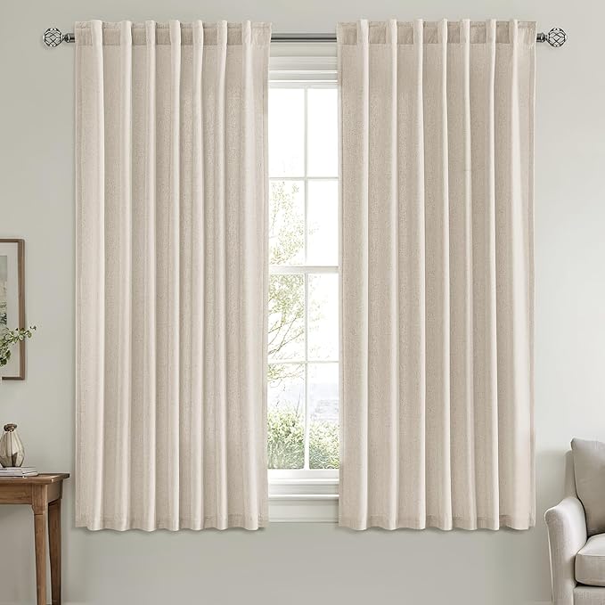 MIULEE Non-See-Through Privacy Linen Curtains 2 Panels, Light Filtering Window Curtains Farnhouse Textured Back Tab Semi Sheer Drapes for Bedroom Living Room, 52 x 63 Inches Long, Linen