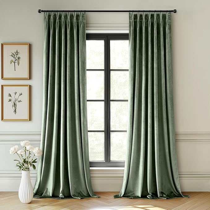 MIULEE Sage Green Velvet Curtains 108 inches Long, Pinch Pleated Blackout Drapes with Hooks, Thermal Insulated Pinch Pleat Panels for Bedroom Living Room, 2 Panels
