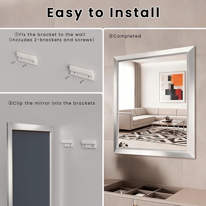 Amorho Bathroom Mirror, 44x36 Inch Silver Thick Metal Framed Wall Mirrors for Over Sink, Brushed Nickel Mirror Perfect for Bedroom, Living Room, Entryway, Rectangle (Horizontal/Vertical).