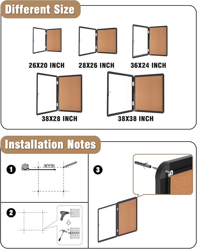 Mifuro 36"x24" Enclosed Bulletin Board, Lockable Weather-Resistant Aluminum Cork Noticeboard for School & Office, Black Frame w/Cork