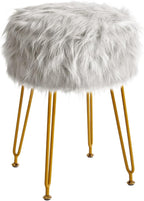 IBUYKE Round Faux Fur Vanity Stool with Storage, Furry Makeup Chair Ottoman, Soft Padded Seat, Round Footrest Footstools with 4 Metal Legs, for Living Room Bedroom Entryway, Gray WBD021G
