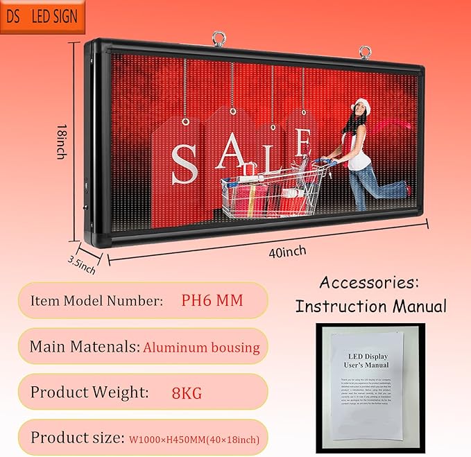 P6 Programmable LED Sign, 40"x18" Outdoor Digital Display Board with Custom Scrolling Text,Electronic Message Board for Business Advertising, Waterproof Marquee Ticker
