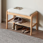 Solid Wood Shoe Bench Assembled, Shoe Rack Bench with Cushion for Entryway, Living Room, Bedroom, Hallway, 11.8" x 23.6" x 16.5", Natural