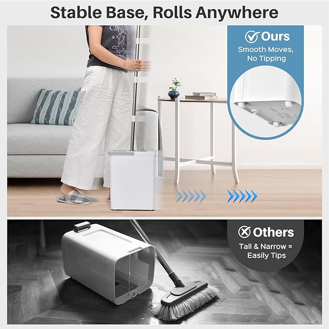 Mop and Bucket Set with AUTO Pump, 3-Zone Separate Dirty and Clean Water Floor Mop, Flat Mop and Bucket System with Wheels and Wringer, 4 Reusable Pads, One-Touch Water Filling for Floor Cleaning