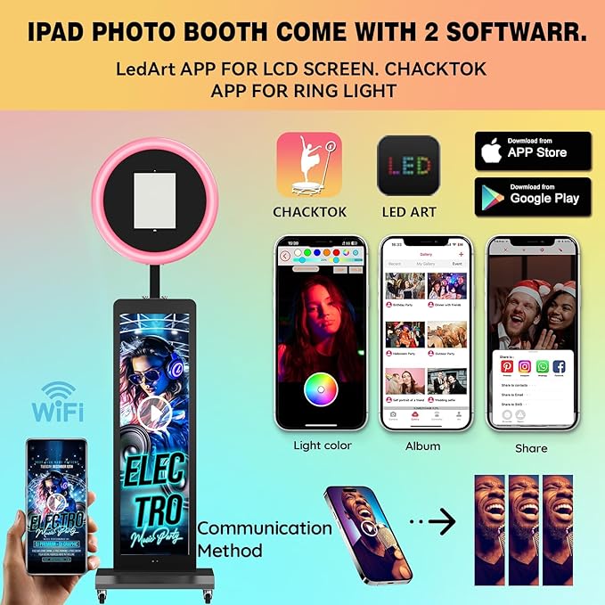 HARZHI LCD Screen Photo Booth, Compatible with Any Ipad, 1080P Intelligent Split Screen Ipad Photo Booth for Wedding Party Software APP Control Ring Light, 38'' Portable Flight Case Black