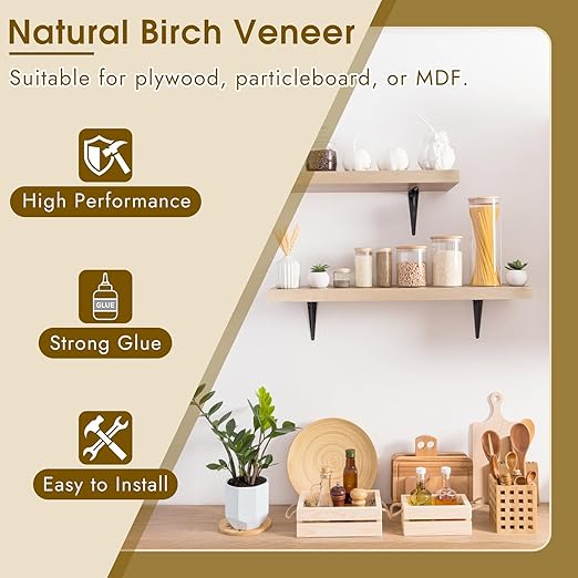 BEVTEE Birch Edge Banding, 1.5 Inch x 50 ft Wood Veneer Roll Pre-glued, Flexible Birch Iron-on Veneer Edge Band for Plywood & Furniture Edging, Natural Wood Color for DIY & Professional Projects