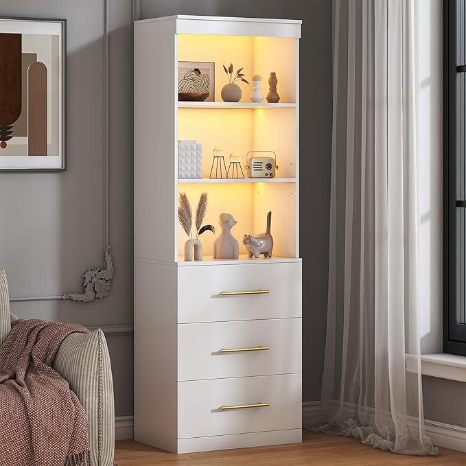 Winkalon 71“H White Bookshelf with LED Light, Bookcase and Bookshelf with Drawers, Tall Bookcase Tall Storage Cabinet 3-Tier Open Shelves for Home Office Living Room Bedroom, 15.8"D x 23.6"W x 70.9"H
