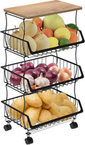 Rolling Kitchen Cart with Wood Top - 4-Tier Wire Basket Organizer for Fruits, Vegetables, Pantry Storage - Stackable, Mobile Cart with Wheels for Kitchen, Home, Office
