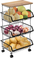 Rolling Kitchen Cart with Wood Top - 4-Tier Wire Basket Organizer for Fruits, Vegetables, Pantry Storage - Stackable, Mobile Cart with Wheels for Kitchen, Home, Office