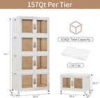 Large Clear Stackable Storage Bins with Lids, 942QT-157QT*6Tier Foldable Cabinet for Closet Organizers, Plastic Storage Box with Wheels White